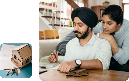 A montage of images showing a couple doing calculations and a small wooden house with keys beside it