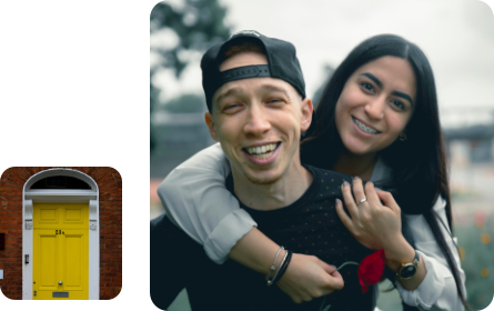 A montage showing a happy young couple and a yellow house door