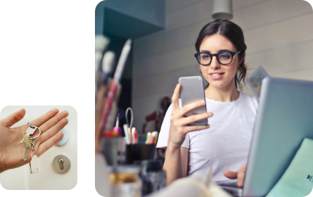 A montage showing a young woman using a smartphone and a hand holding house keys