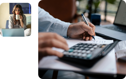 Montage showing a woman working on a laptop and a man using a calculator