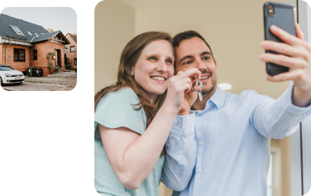 Montage showing a house and a happy couple holding up house keys