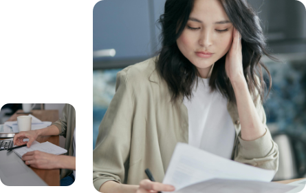 A montage showing a woman reading a document and someones hands moving some papers on a desk